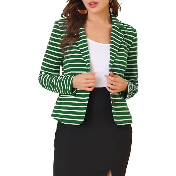 INSPIRE CHIC Women's Notched Lapel Long Sleeves Button Striped Blazer L Green White