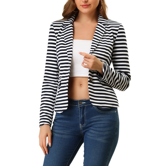 INSPIRE CHIC Women's Notched Lapel Long Sleeves Button Striped Blazer M White Navy