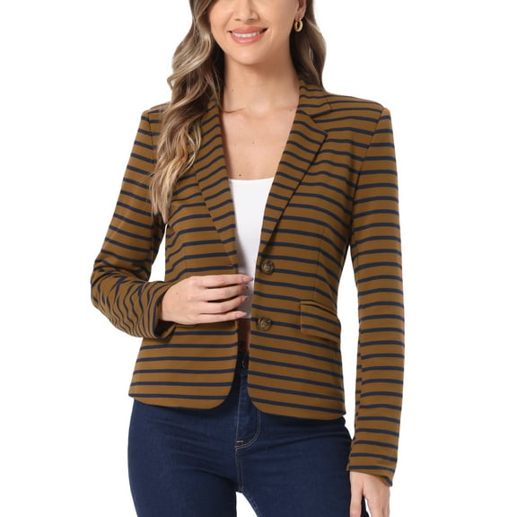INSPIRE CHIC Women's Notched Lapel Long Sleeves Button Striped Blazer XL Navy Brown