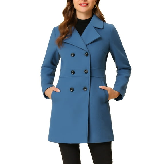 Allegra K Women's Notched Lapel Long Sleeves Double Breasted Mid-Lentgh Overcoat