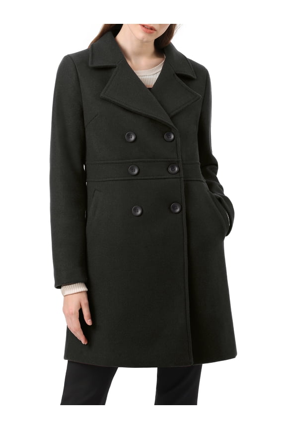 Women's Notched Lapel Long Sleeves Double Breasted Mid-Lentgh Overcoat XS Black