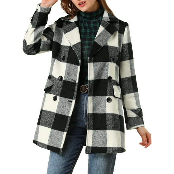 INSPIRE CHIC Women's Notched Lapel Long Sleeves Double Breasted Plaids Overcoat S Black White