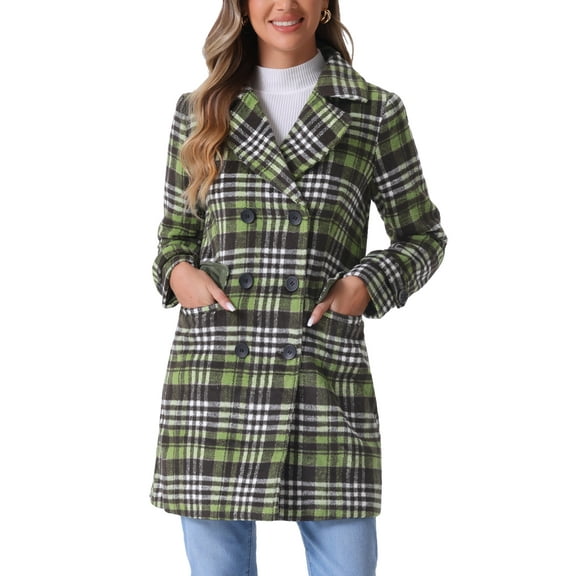 INSPIRE CHIC Women's Notched Lapel Long Sleeves Double Breasted Plaids Overcoat S Light Green