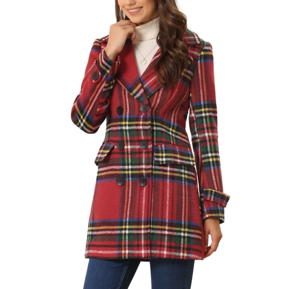 INSPIRE CHIC Women's Notched Lapel Long Sleeves Double Breasted Plaids Overcoat XS Red Green
