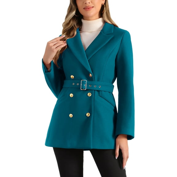 INSPIRE CHIC Women's Notched Lapel Long Sleeves Double Breasted Winter Trenchcoat M Dark Lake Blue