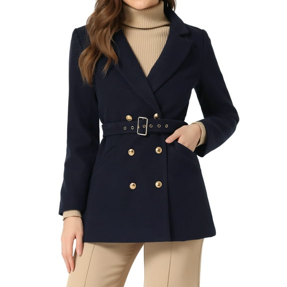 INSPIRE CHIC Women's Notched Lapel Long Sleeves Double Breasted Winter Trenchcoat XS Dark Blue