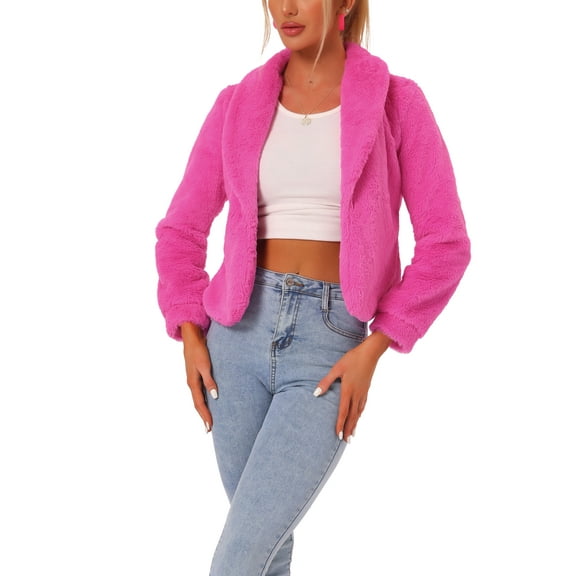 INSPIRE CHIC Women's Fur Coat Fasion Winter Open Front Cropped Jacket Lapel Long Sleeve Fluffy Faux Fur Coat XL Hot Pink