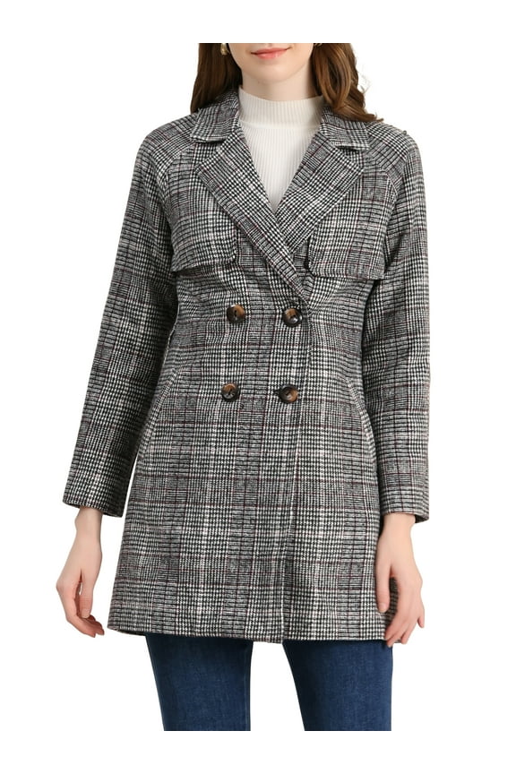 Women's Notched Lapel Raglan Long Sleeves Houndstooth Trenchcoat L Black