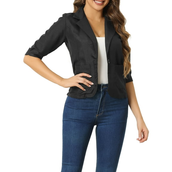 INSPIRE CHIC Women's Notched Lapel Rolled-up Sleeve Lightweight Work Office Blazer Black S