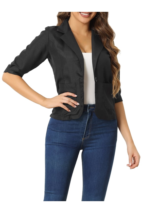 Women's Notched Lapel Rolled-up Sleeve Lightweight Work Office Blazer Black S