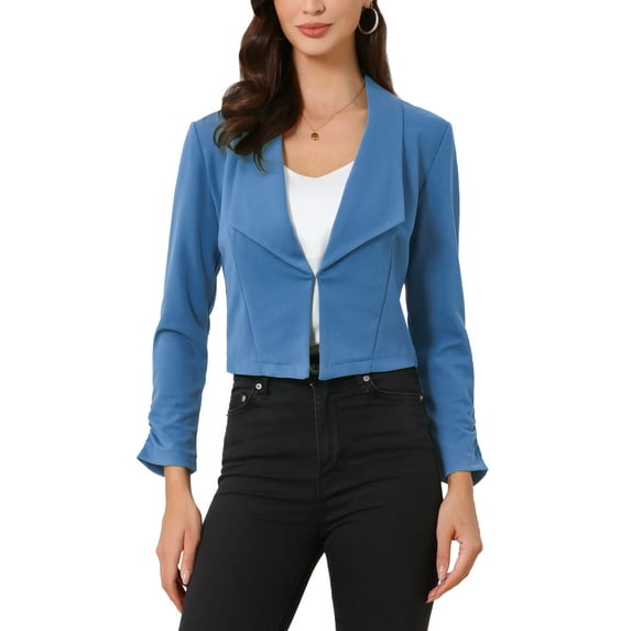 INSPIRE CHIC Women's Notched Lapel Ruched Sleeve Jackets Business Cropped Blazer S Mid Blue