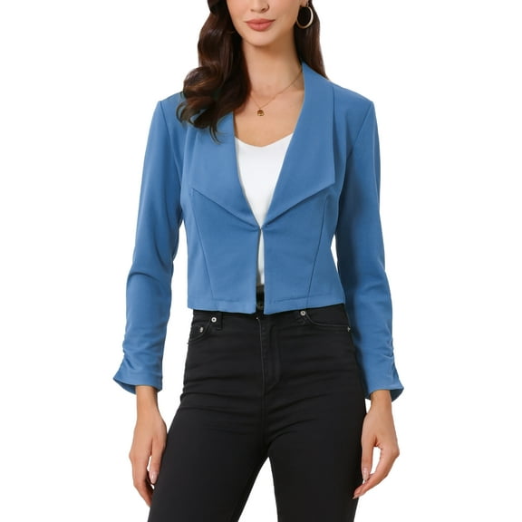 INSPIRE CHIC Women's Notched Lapel Ruched Sleeve Jackets Business Cropped Blazer XS Mid Blue