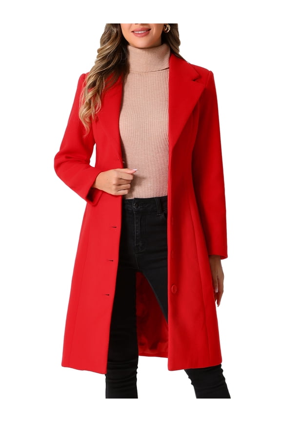 Women's Notched Lapel Single Breasted Outwear Work Long Winter Coat XS Red