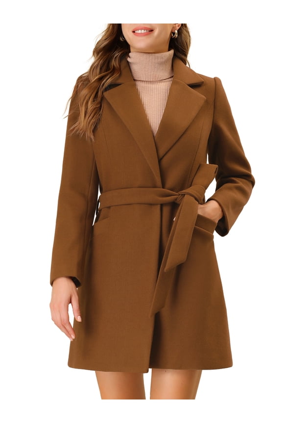 Women's Notched Lapel Wrap Belted Pockets Long Winter Trenchcoat XL Brown