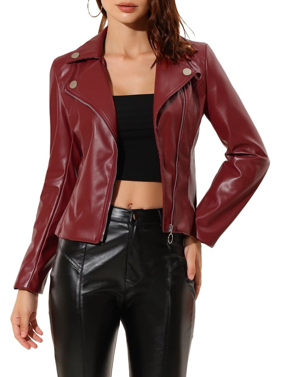 Women's Notched Lapel Zipper PU Faux Leather Motorcycle Jacket Red L