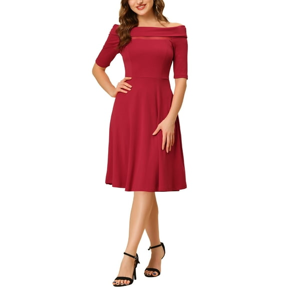 INSPIRE CHIC Women's Off Shoulder Elegant Mesh Panel Party Cocktail Midi Dress L Red
