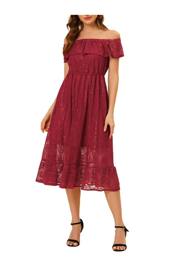 Women's Off Shoulder Floral Lace High Waist Short Sleeve Midi Dress