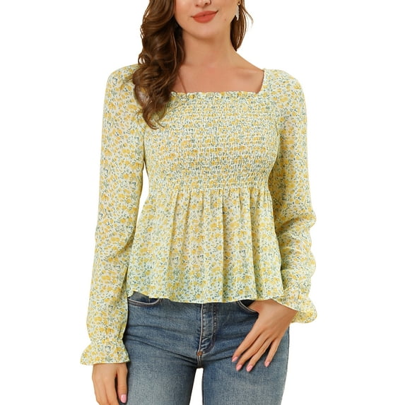 Allegra K Women's Off Shoulder Long Bell Sleeve Floral Print Smocked Blouse Top