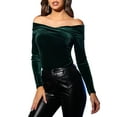 thumbnail image 1 of INSPIRE CHIC Women's Velvet Top Slim Fit Long Sleeve Off-Shoulder Blouse XS Dark Green, 1 of 7