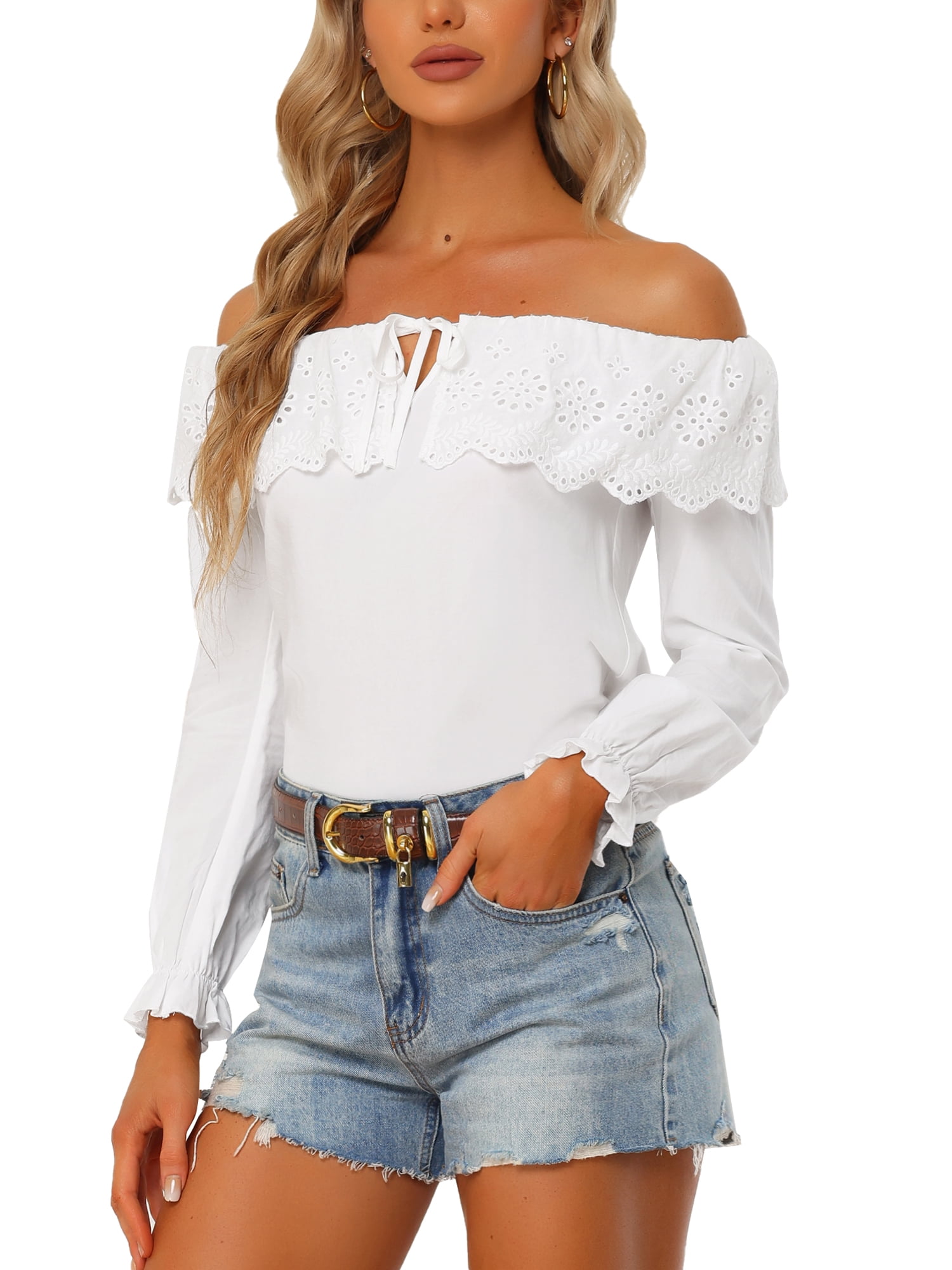 INSPIRE CHIC Women's Off the Shoulder Tops Long Sleeve Ruffled Bow Tie — free download