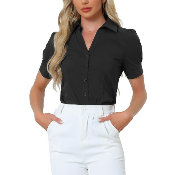 INSPIRE CHIC Women's Button Up Bodysuit One-Piece Short Sleeve Work Shirt Blouse L Black