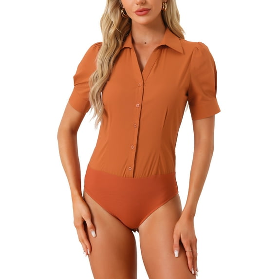 INSPIRE CHIC Women's Button Up Bodysuit One-Piece Short Sleeve Work Shirt Blouse L Caramel