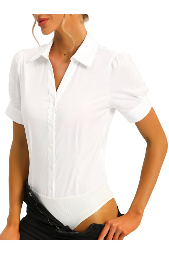 Women's Button Up Bodysuit One-Piece Short Sleeve Work Shirt Blouse L White