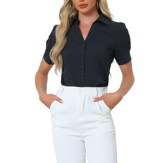 INSPIRE CHIC Women's Button Up Bodysuit One-Piece Short Sleeve Work Shirt Blouse M Navy Blue