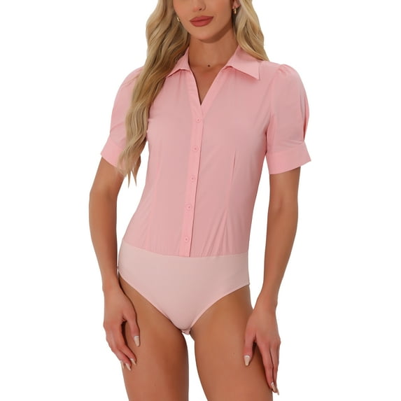 INSPIRE CHIC Women's Button Up Bodysuit One-Piece Short Sleeve Work Shirt Blouse S Pink