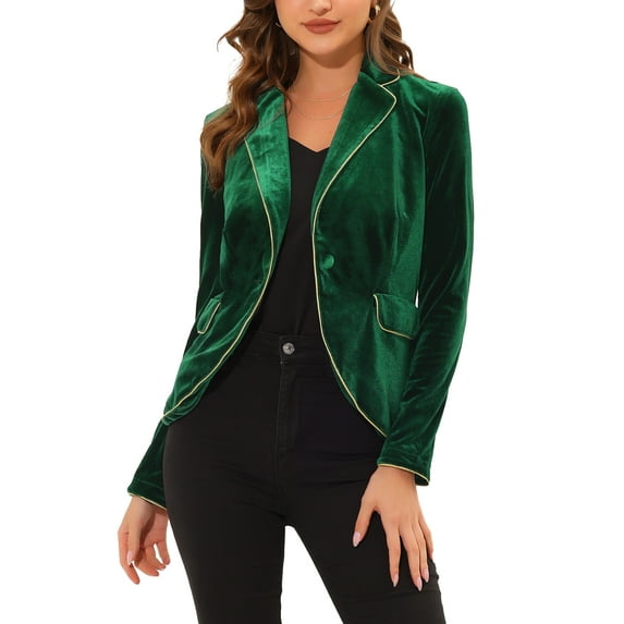 INSPIRE CHIC Women's Office One Button Notched Lapel Long Sleeves Velvet Blazer XS Dark Green