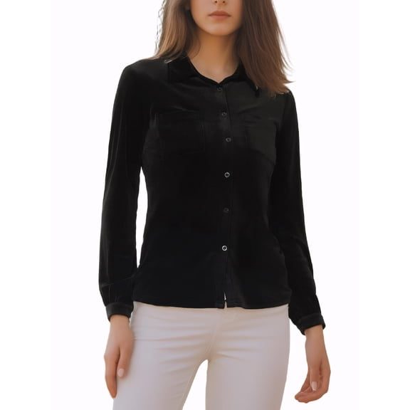INSPIRE CHIC Women's Office Pocket Front Long Sleeve Button Down Velvet Shirt L Black