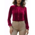 thumbnail image 1 of INSPIRE CHIC Women's Office Pocket Front Long Sleeve Button Down Velvet Shirt S Wine Red, 1 of 5
