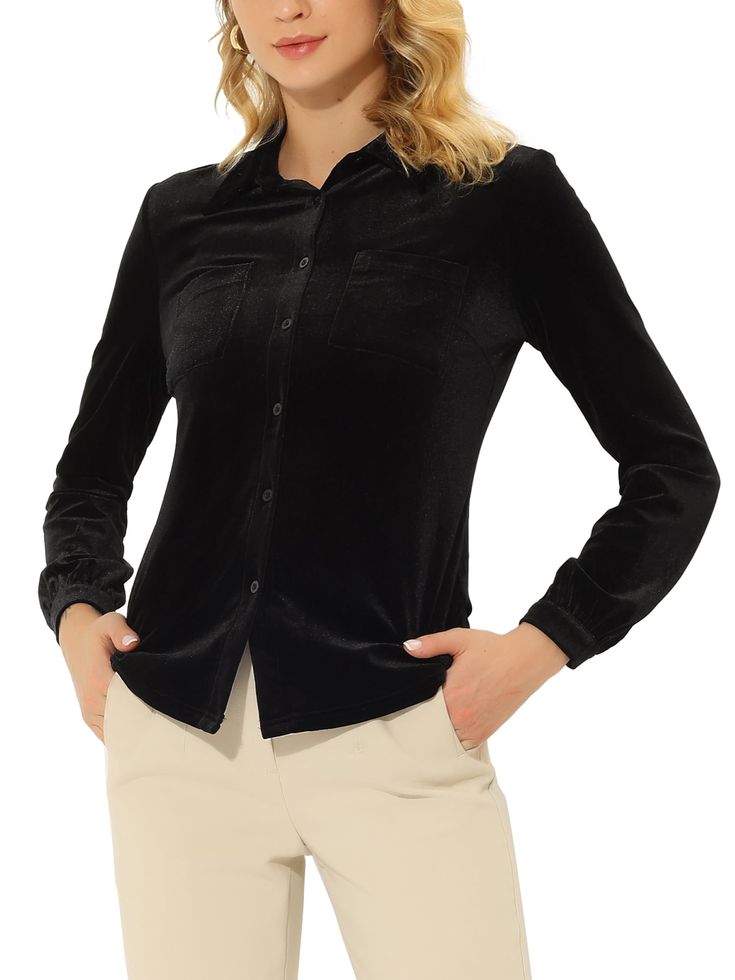 Allegra K Women's Office Pocket Front Long Sleeve Button Down Velvet