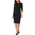 thumbnail image 1 of INSPIRE CHIC Women's Office Sheath 3/4 Sleeves Belted Mock Neck Pencil Dresses, 1 of 5