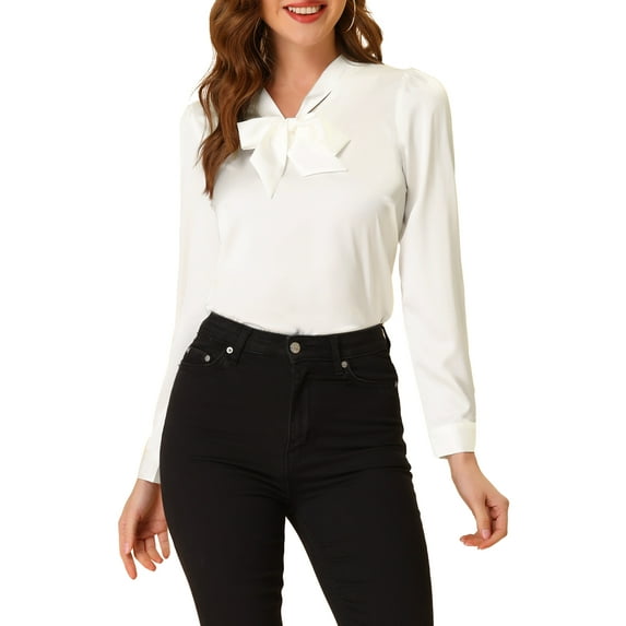 INSPIRE CHIC Women's Office Tie V Neck Long Sleeve Elegant Blouse Shirt S White