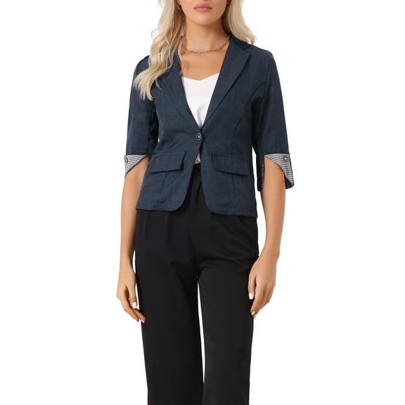 INSPIRE CHIC Women's Office Work Suit Jacket Notched Lapel Collar 3/4 Sleeve Blazer XS Dark Blue