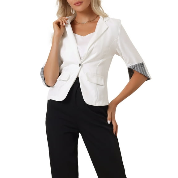 INSPIRE CHIC Women's Office Work Suit Jacket Notched Lapel Collar 3/4 Sleeve Blazer L White