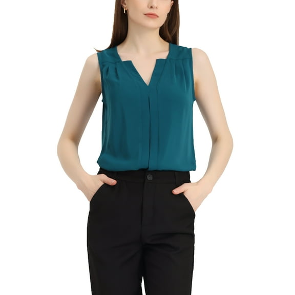 INSPIRE CHIC Women's Office Work V Neck Sleeveless Chiffon Blouse L Peacock Blue
