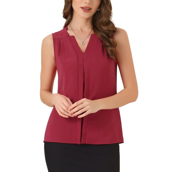 INSPIRE CHIC Women's Office Work V Neck Sleeveless Chiffon Blouse M Red