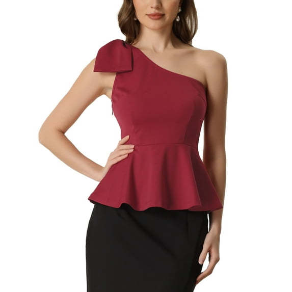 INSPIRE CHIC Women's One Shoulder Bow Ruffled Elegant Peplum Top XS Burgundy