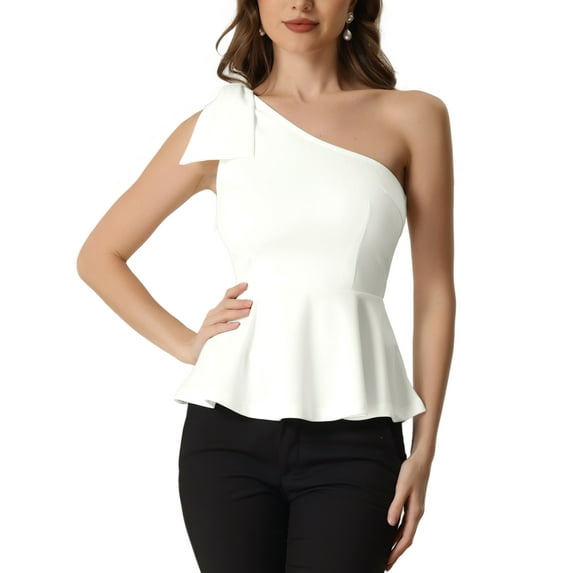 INSPIRE CHIC Women's One Shoulder Bow Ruffled Elegant Peplum Top XS White