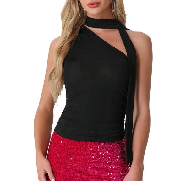 INSPIRE CHIC Women's One Shoulder Sleeveless Ruched Summer Y2K Crop Tank Top M Black