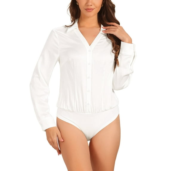 INSPIRE CHIC Women's One-piece Collared Long Sleeve Button Down Bodysuit Top S White