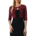 thumbnail image 1 of INSPIRE CHIC Women's Cardigan Open Front 3/4 Sleeve Sheer Floral Lace Cropped Shrug Top L Claret Red, 1 of 6