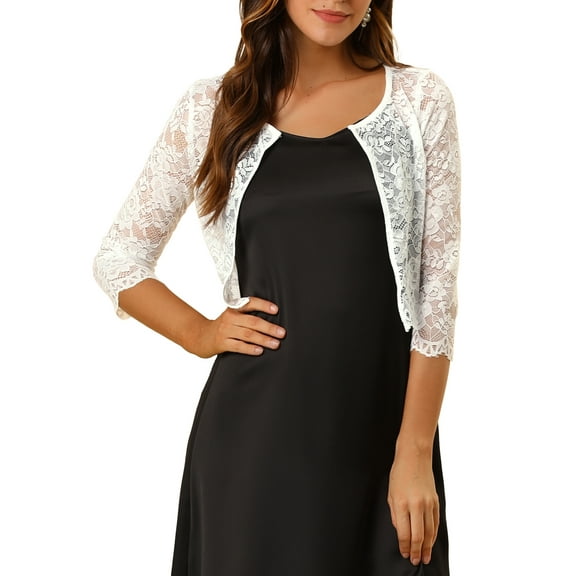 INSPIRE CHIC Women's Cardigan Open Front 3/4 Sleeve Sheer Floral Lace Cropped Shrug Top M White
