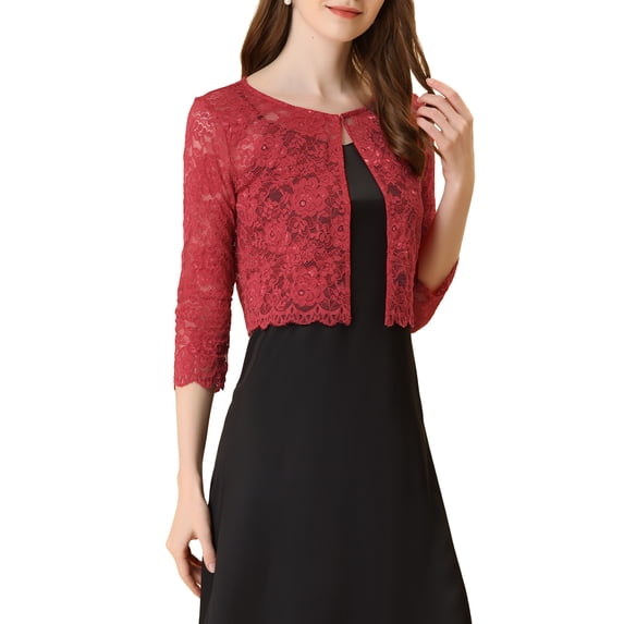 INSPIRE CHIC Women's Cardigan Open Front 3/4 Sleeve Sheer Floral Lace Cropped Shrug Top XL Red