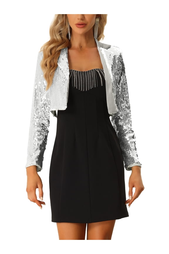 Open Front Cardigan for Women's Notched Lapel Cropped Party Club Sparkly Sequin Blazer Silver XS