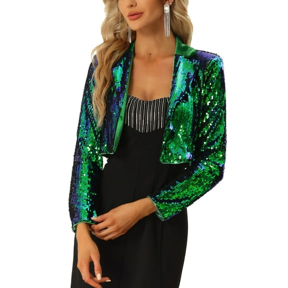 INSPIRE CHIC Open Front Cardigan for Women's Notched Lapel Cropped Party Club Sparkly Sequin Blazer Green M