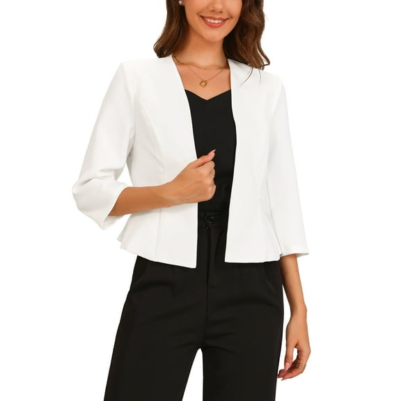 INSPIRE CHICElegant Blazer for Women's Open Front Collarless 3/4 Sleeve Peplum Business Work Suit Jacket M White