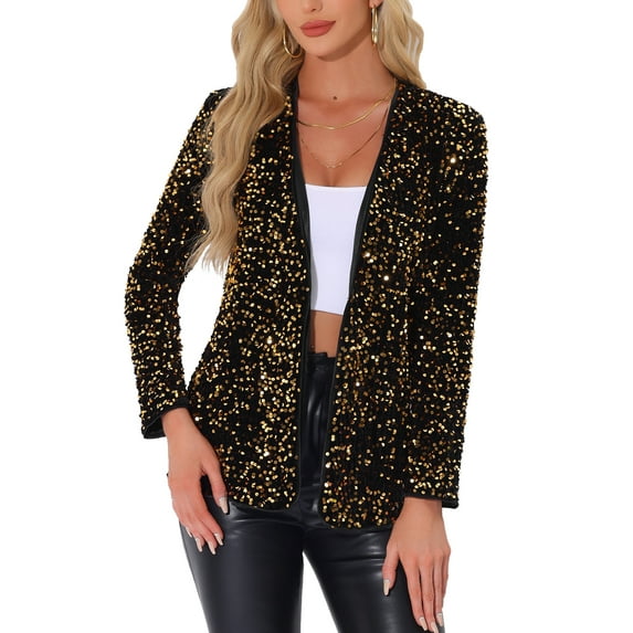 INSPIRE CHIC Women's Open Front Long Sleeve Disco Party Sequin Blazer Jacket M Gold